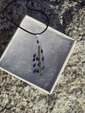 Blue Floral Resin Pendant Necklace with Black Cord - Women Jewelry